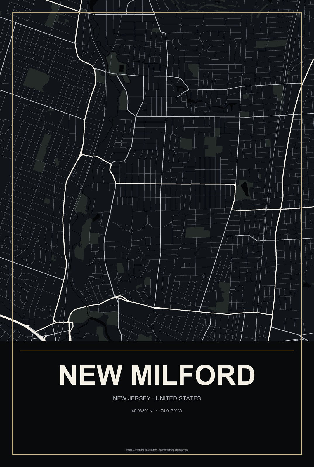 New Milford, New Jersey City Map Aluminum Sign in Metropolitan Noir style
