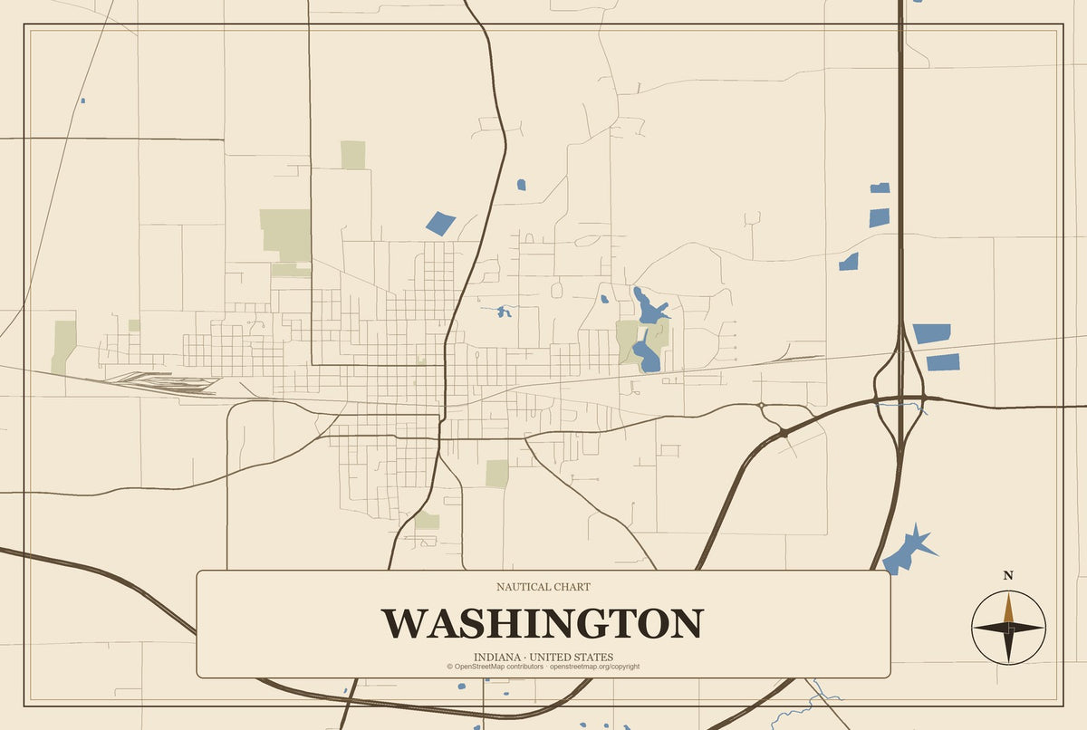 Washington, Indiana City Map Aluminum Sign in Heritage Nautical style