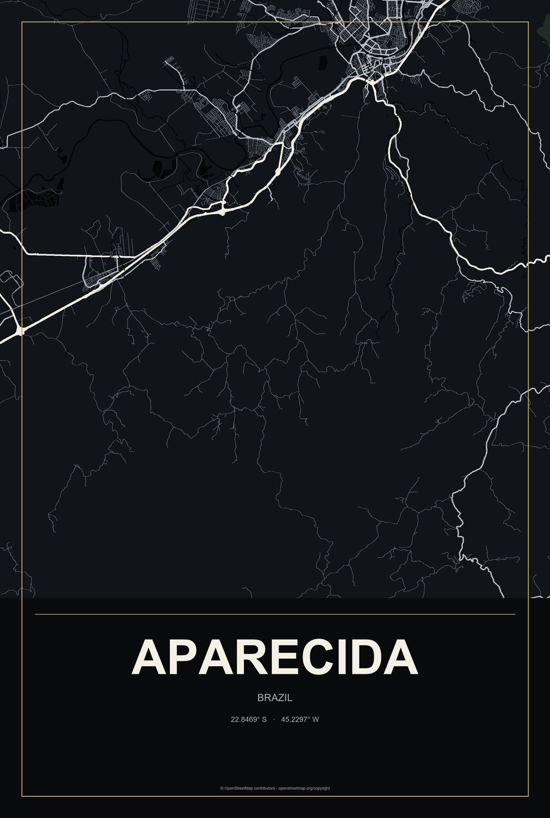 Aparecida, Brazil City Map Aluminum Sign in Metropolitan Noir style