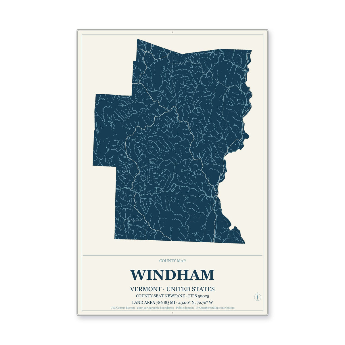 Windham County, Vermont Map Aluminum Sign in Coastal Cutout style
