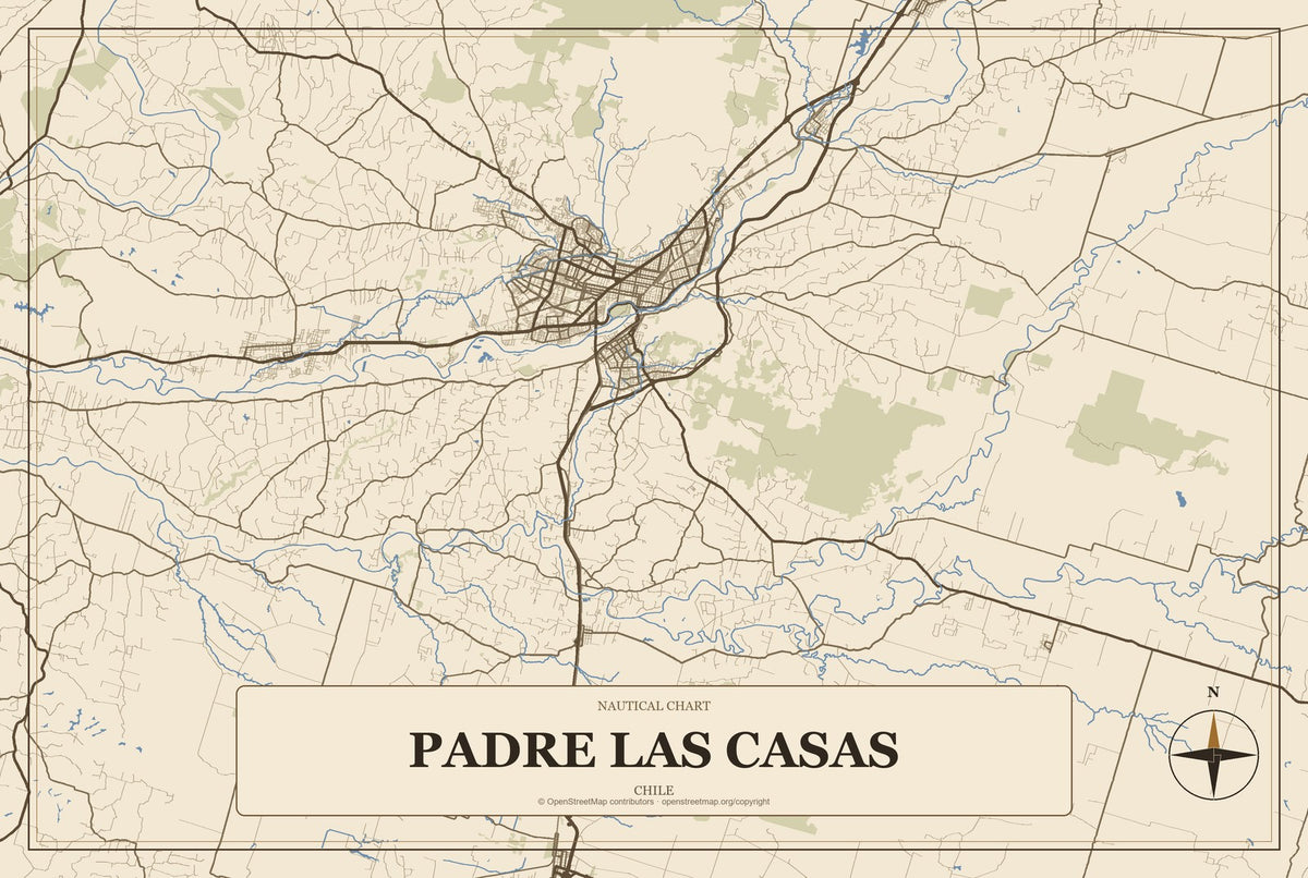 Padre Las Casas, Chile City Map Aluminum Sign in Heritage Nautical style