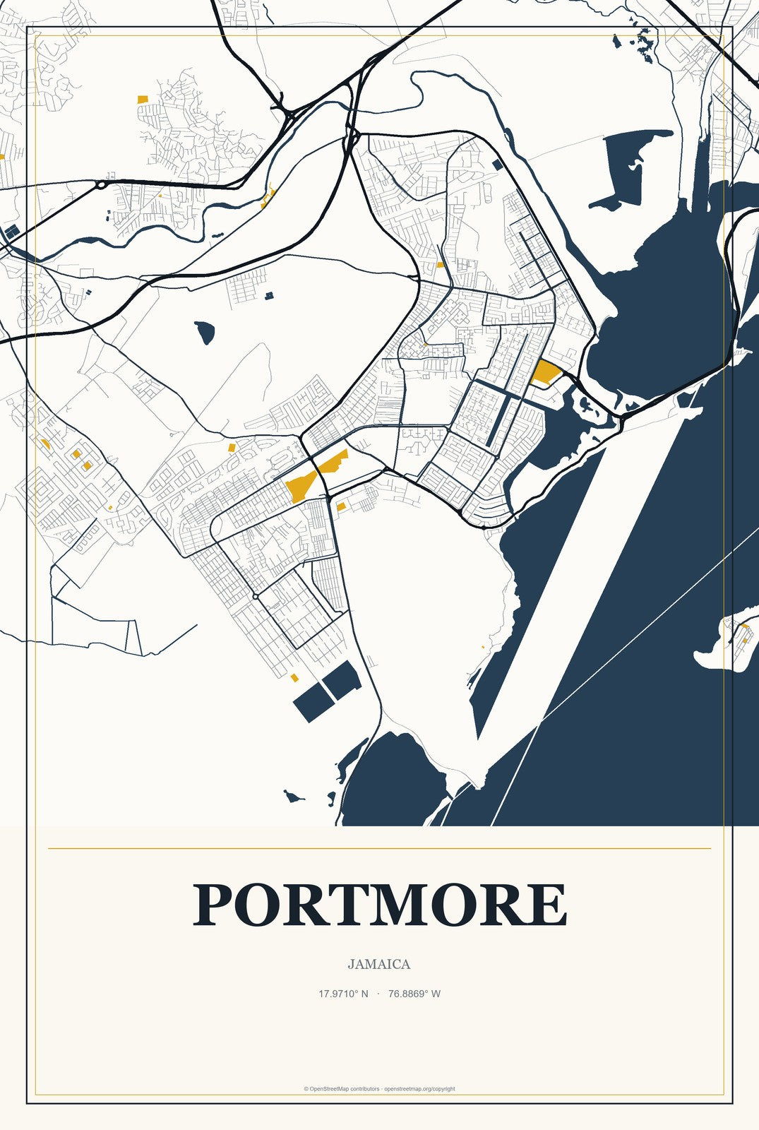 Portmore, Jamaica City Map Aluminum Sign in Citrine Modern style