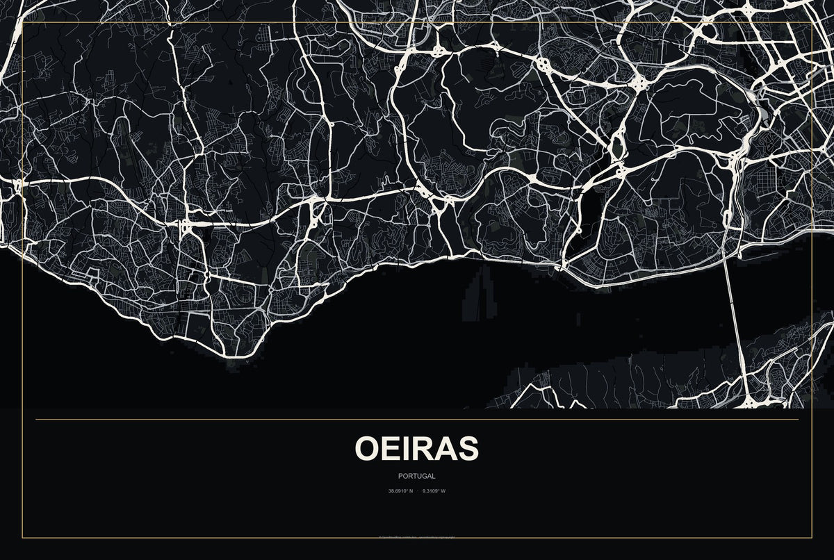 Oeiras, Portugal City Map Aluminum Sign in Metropolitan Noir style