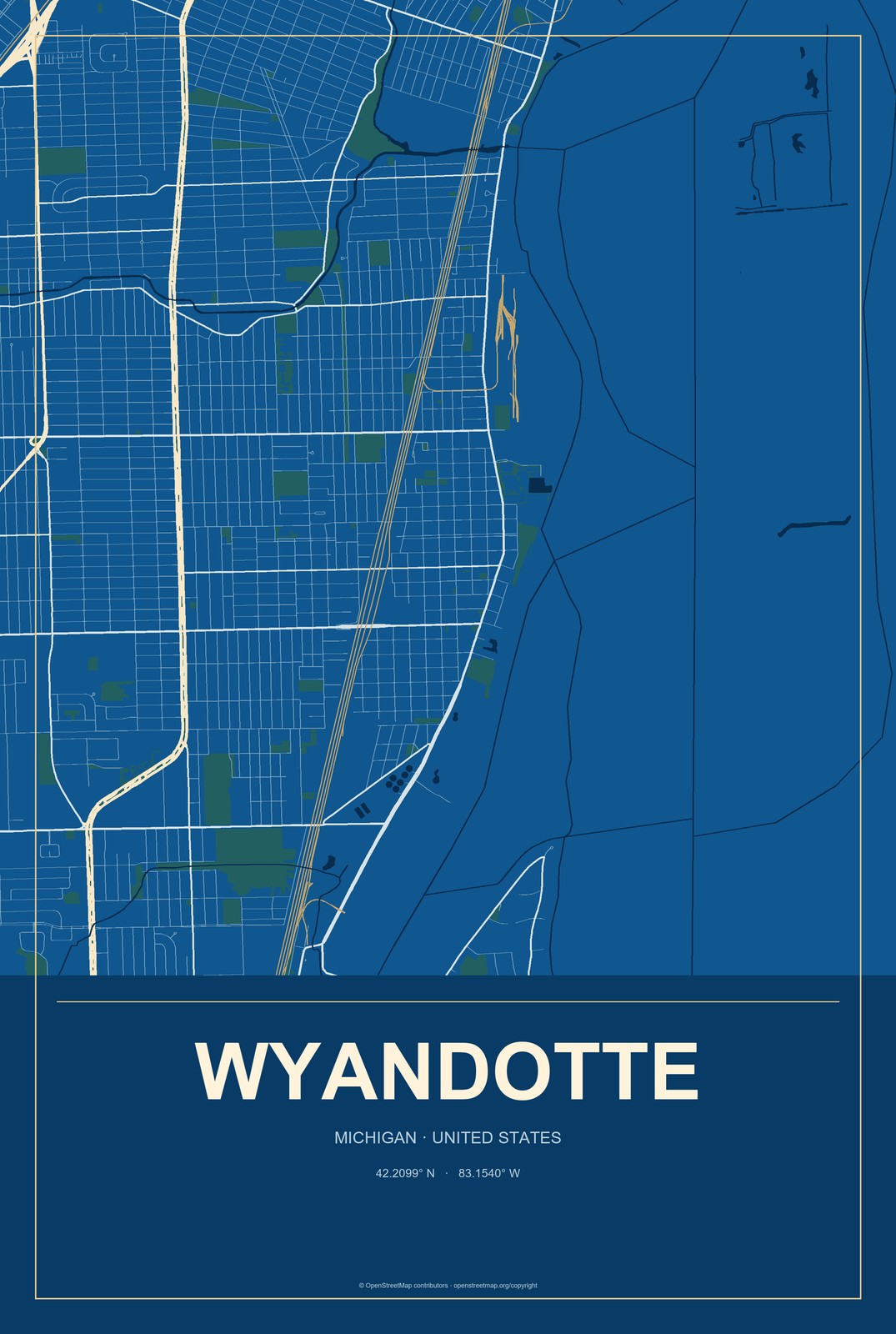 Wyandotte, Michigan City Map Aluminum Sign in Harbor Cobalt style