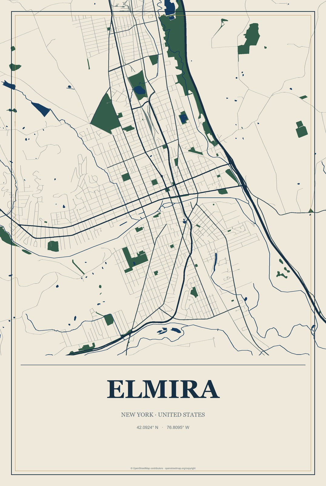 Elmira, New York City Map Aluminum Sign in Coastal Cutout style