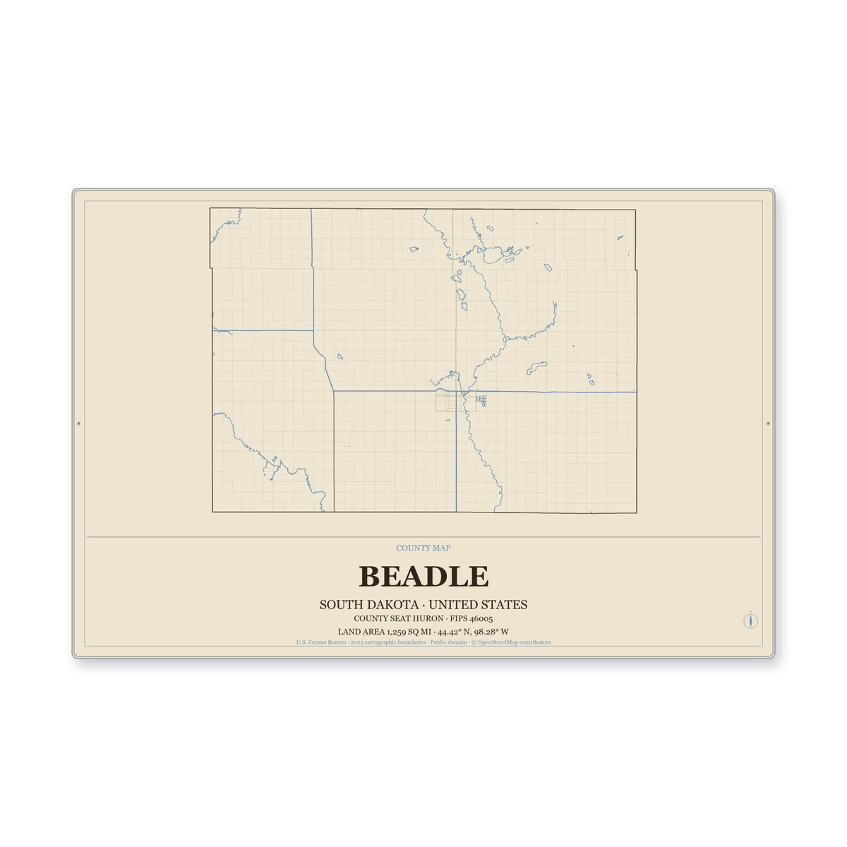 Beadle County, South Dakota Map Aluminum Sign in Heritage Nautical style