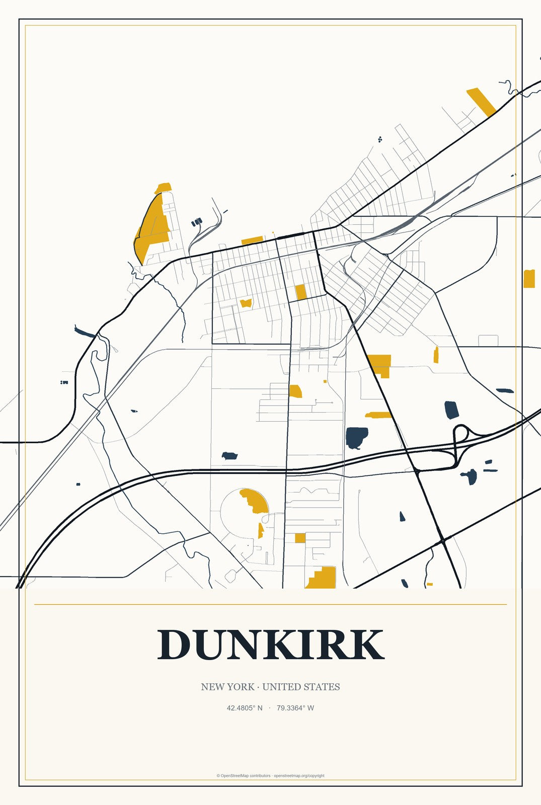 Dunkirk, New York City Map Aluminum Sign in Citrine Modern style