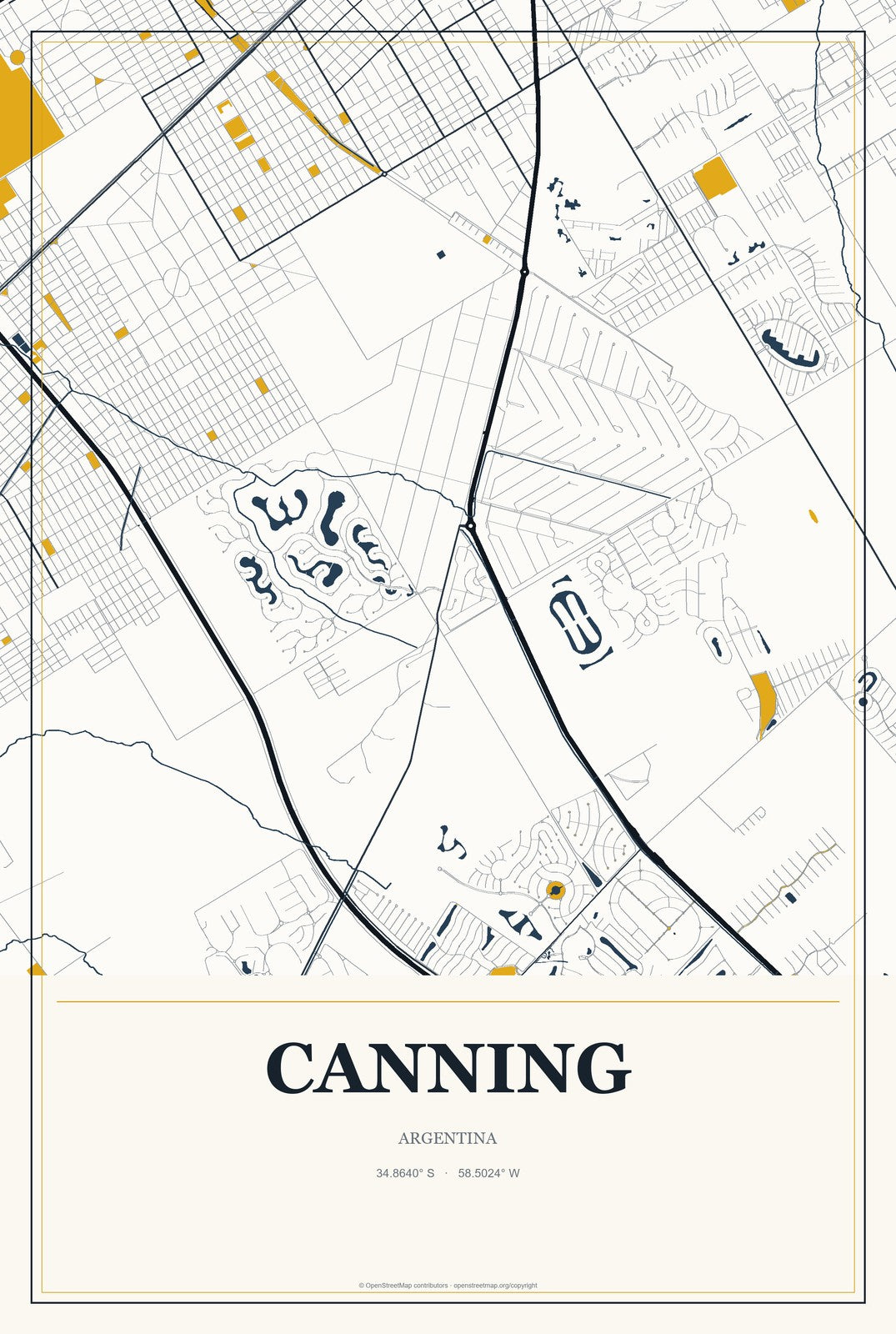 Canning, Argentina City Map Aluminum Sign in Citrine Modern style