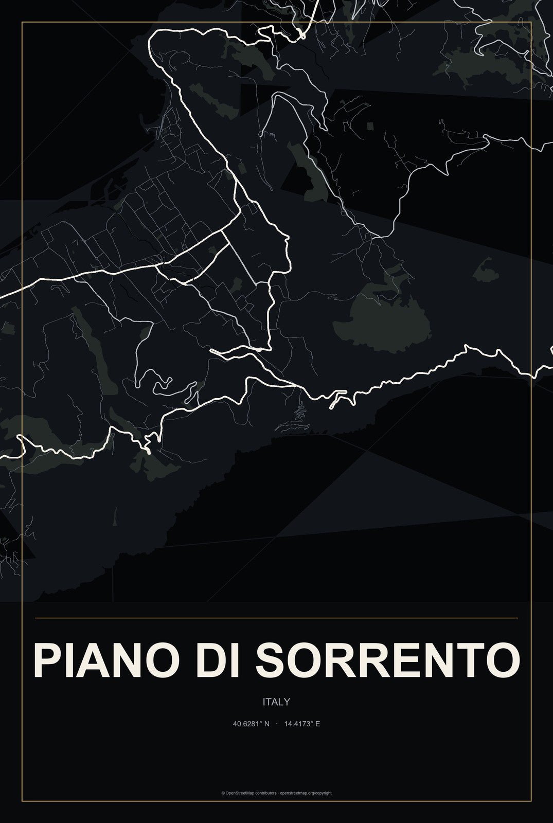Piano di Sorrento, Italy City Map Aluminum Sign in Metropolitan Noir style