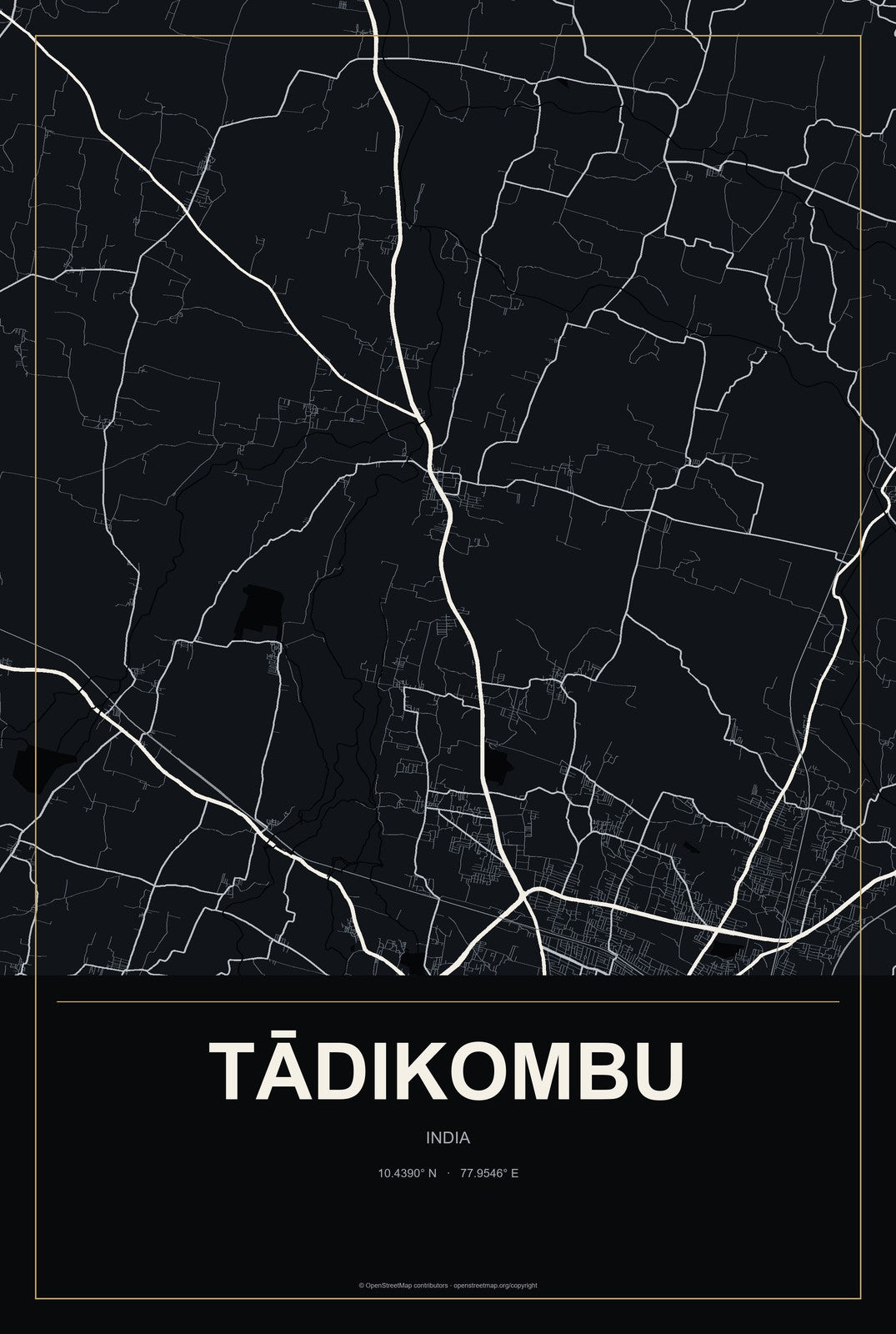 Tādikombu, India City Map Aluminum Sign in Metropolitan Noir style