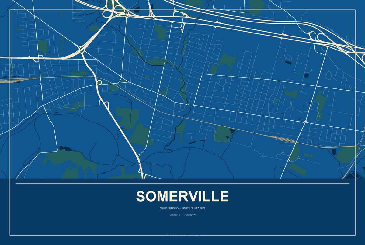 Somerville, New Jersey City Map Aluminum Sign in Harbor Cobalt style