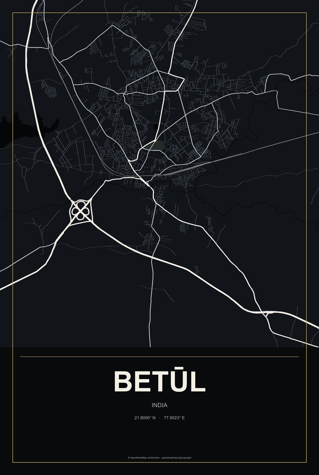 Betūl, India City Map Aluminum Sign in Metropolitan Noir style