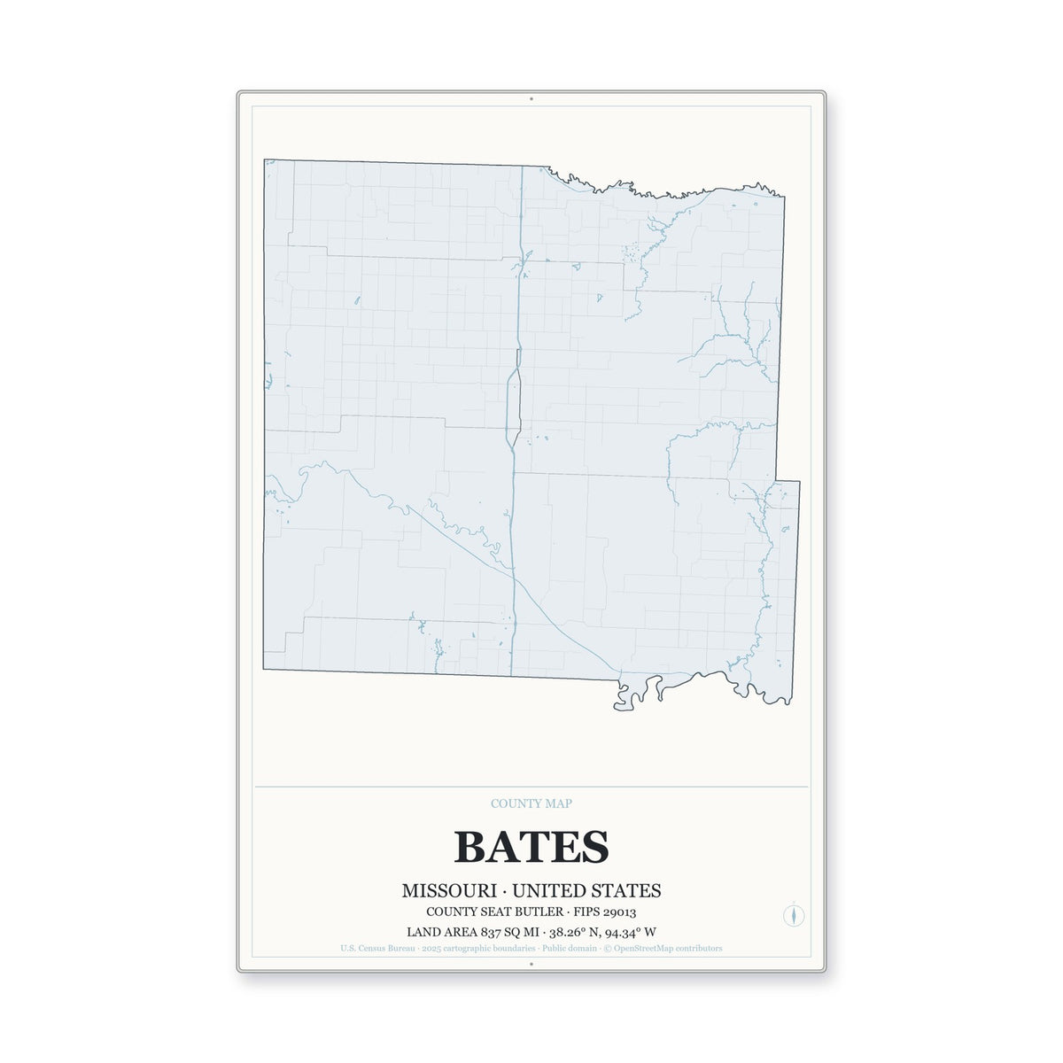 Bates County, Missouri Map Aluminum Sign in Gallery Air style