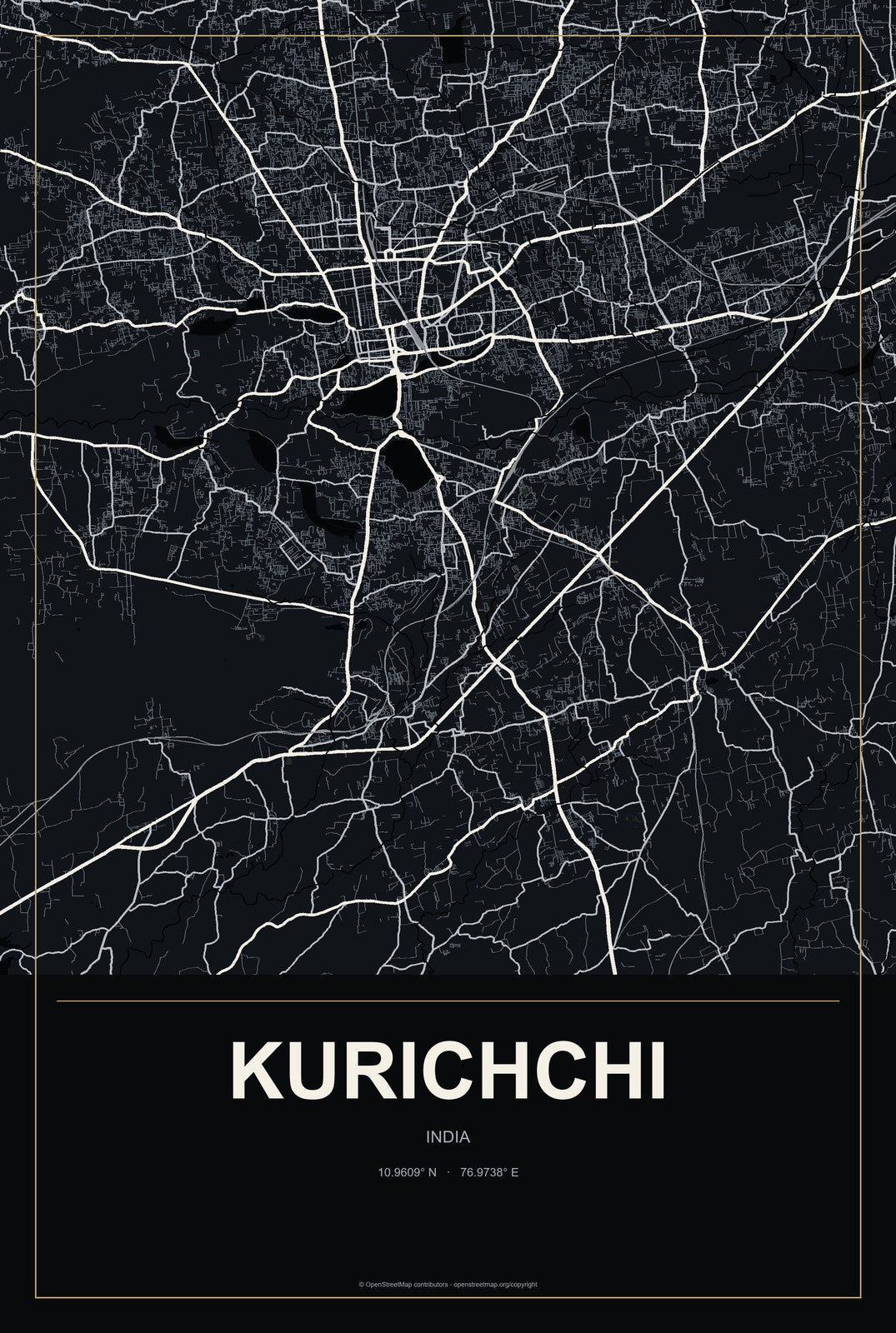 Kurichchi, India City Map Aluminum Sign in Metropolitan Noir style