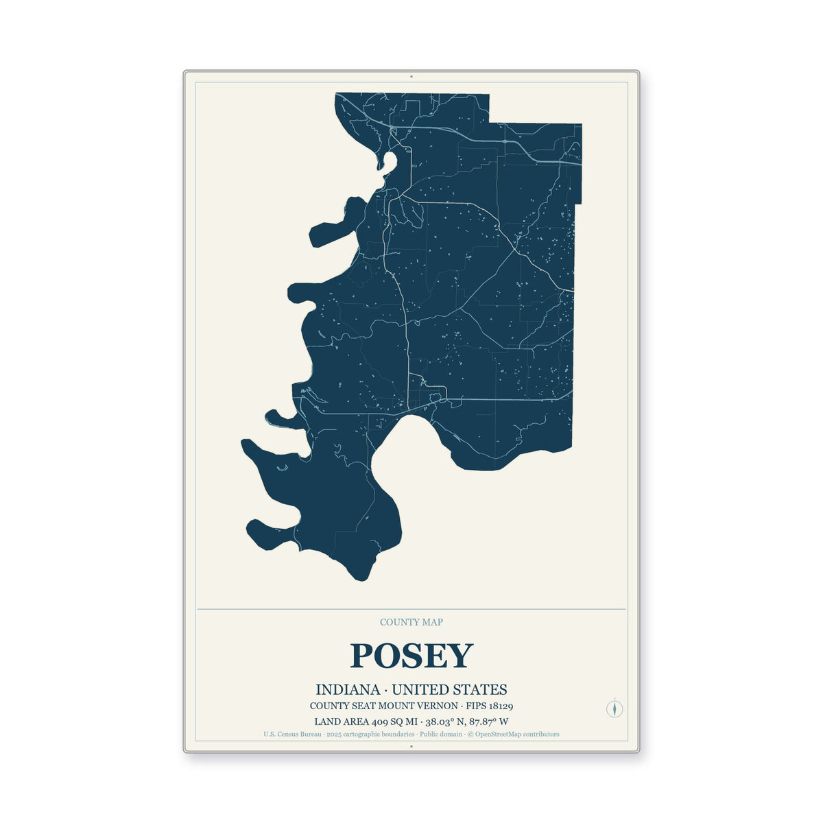 Posey County, Indiana Map Aluminum Sign in Coastal Cutout style