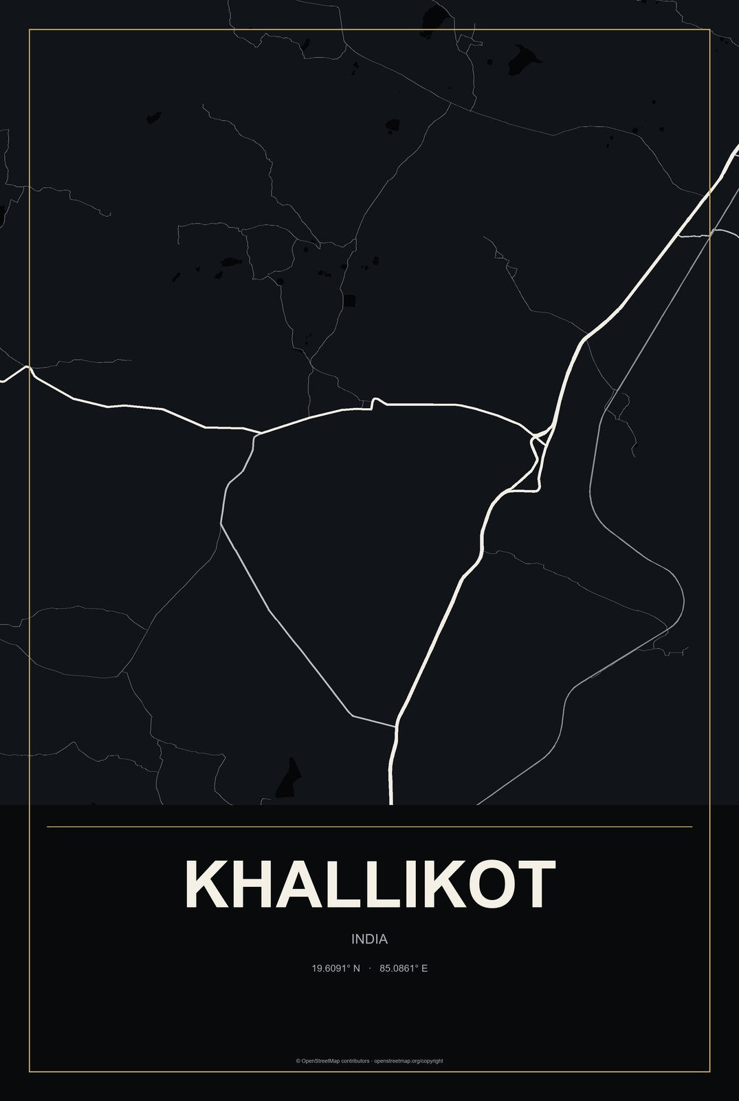 Khallikot, India City Map Aluminum Sign in Metropolitan Noir style