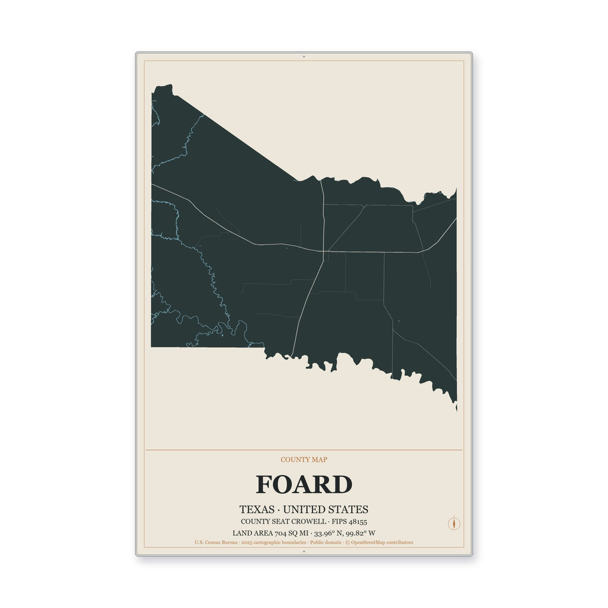 Foard County, Texas Map Aluminum Sign in Headline Atlas style