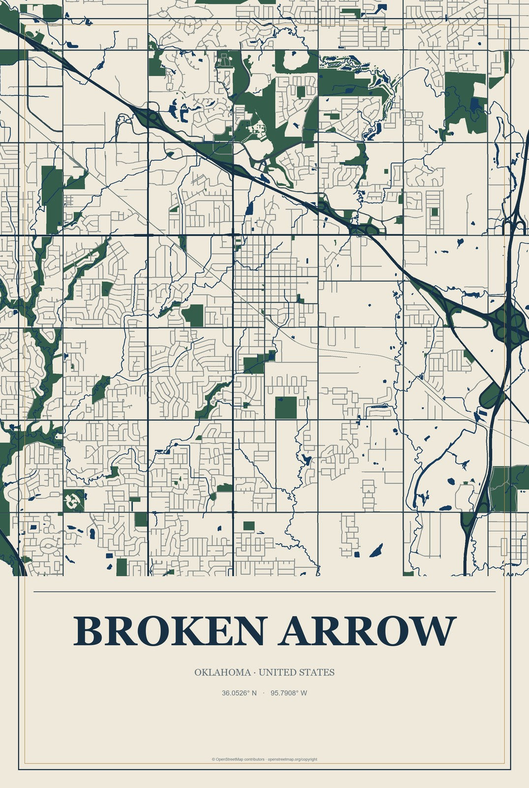 Broken Arrow, Oklahoma City Map Aluminum Sign in Coastal Cutout style