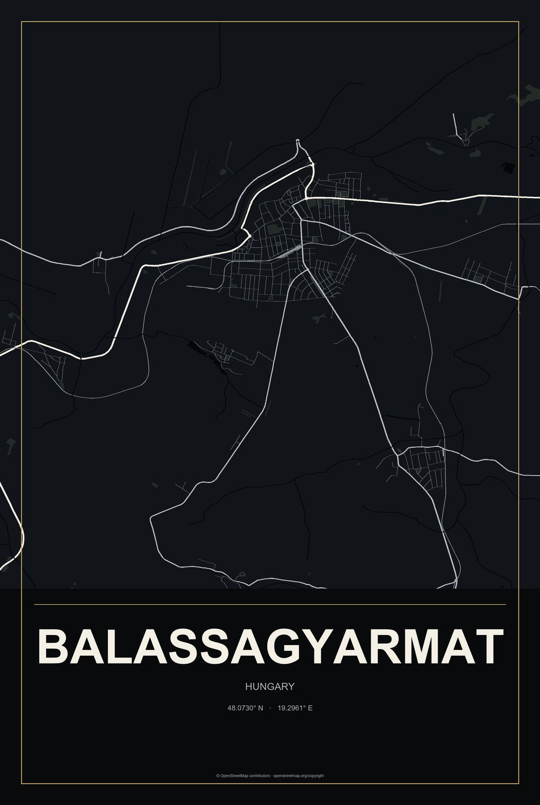 Balassagyarmat, Hungary City Map Aluminum Sign in Metropolitan Noir style