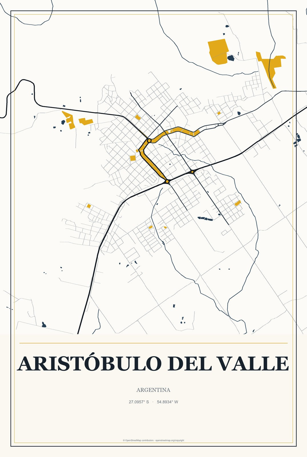 Aristóbulo del Valle, Argentina City Map Aluminum Sign in Citrine Modern style