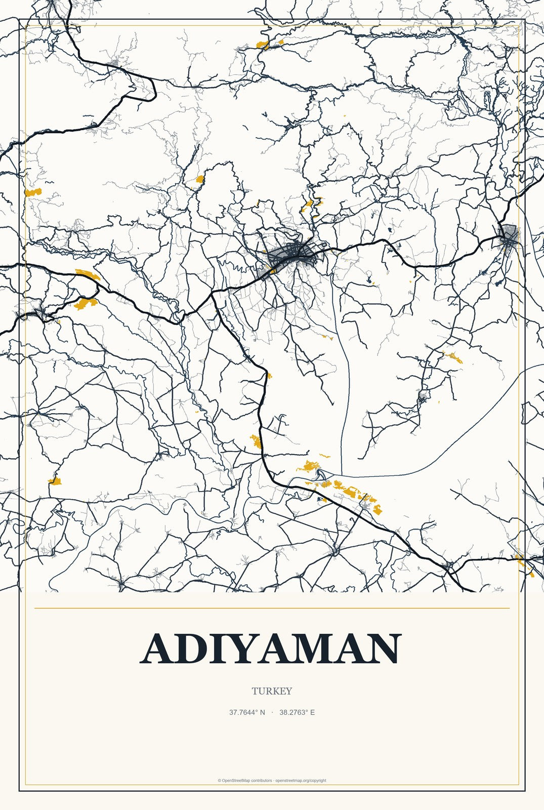 Adıyaman, Turkey City Map Aluminum Sign in Citrine Modern style