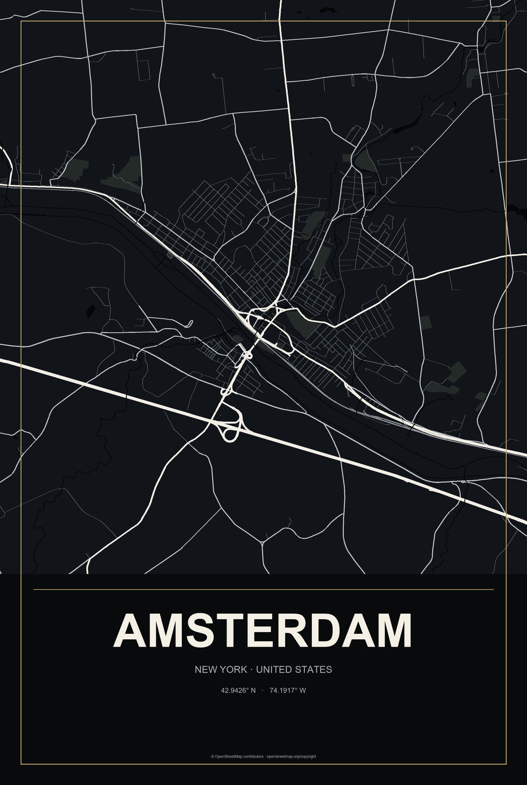 Amsterdam, New York City Map Aluminum Sign in Metropolitan Noir style