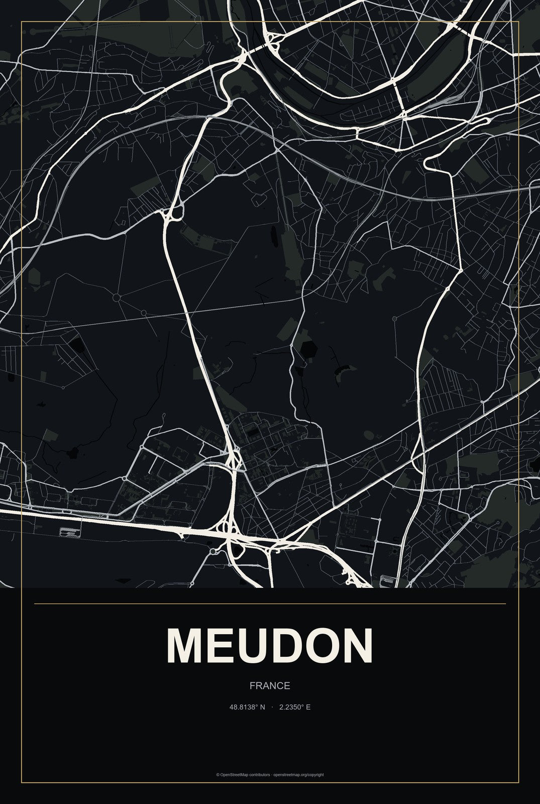 Meudon, France City Map Aluminum Sign in Metropolitan Noir style