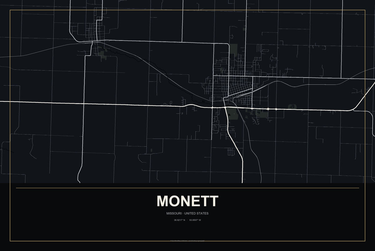 Monett, Missouri City Map Aluminum Sign in Metropolitan Noir style