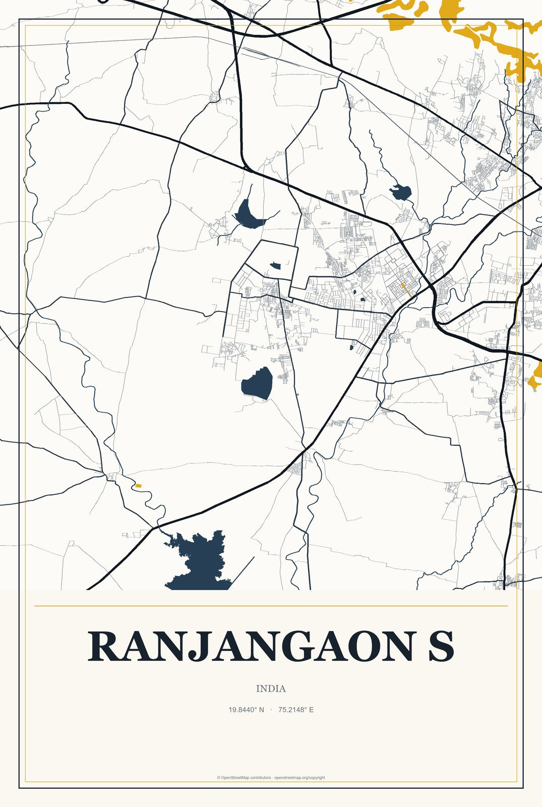 Ranjangaon S, India City Map Aluminum Sign in Citrine Modern style