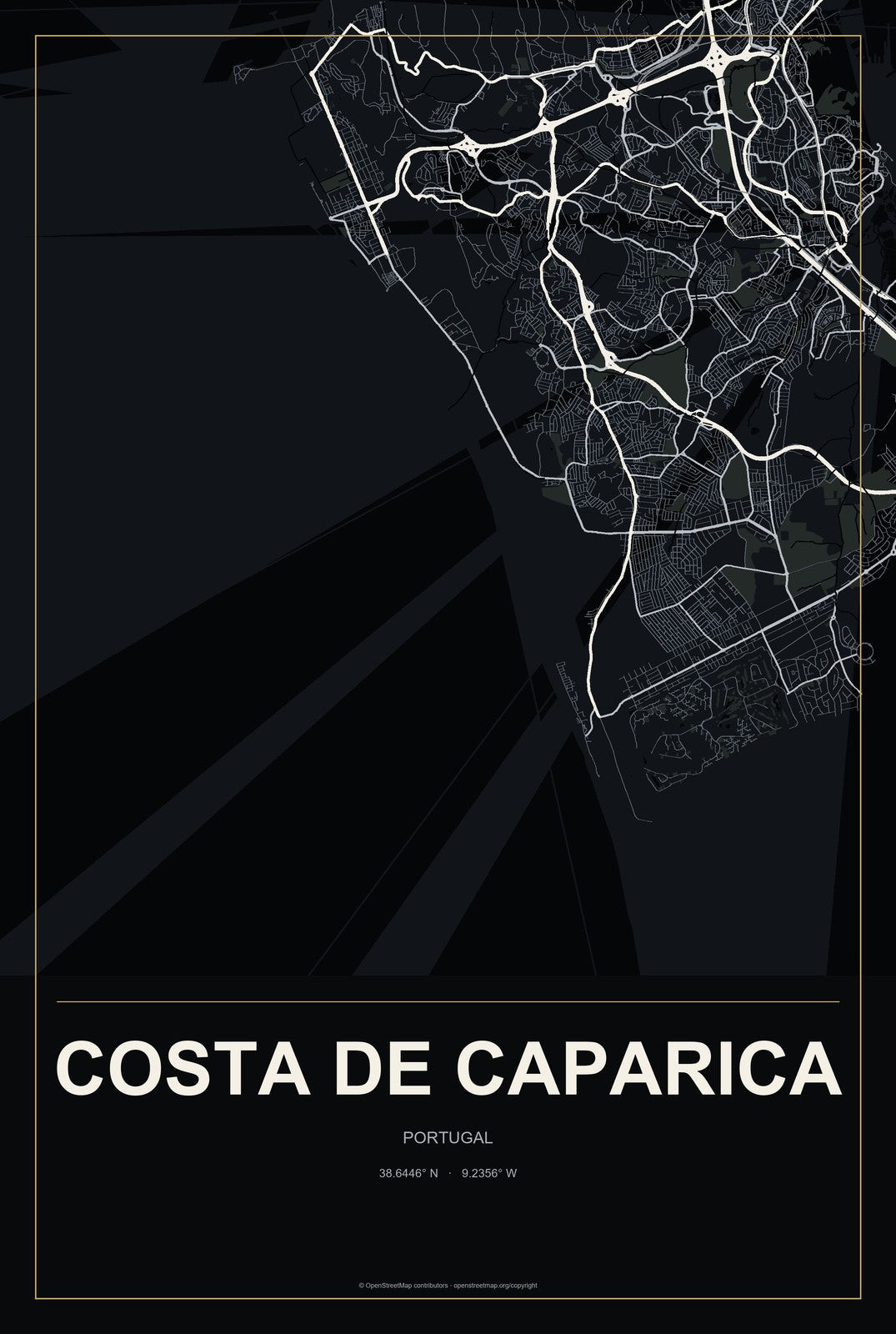 Costa de Caparica, Portugal City Map Aluminum Sign in Metropolitan Noir style