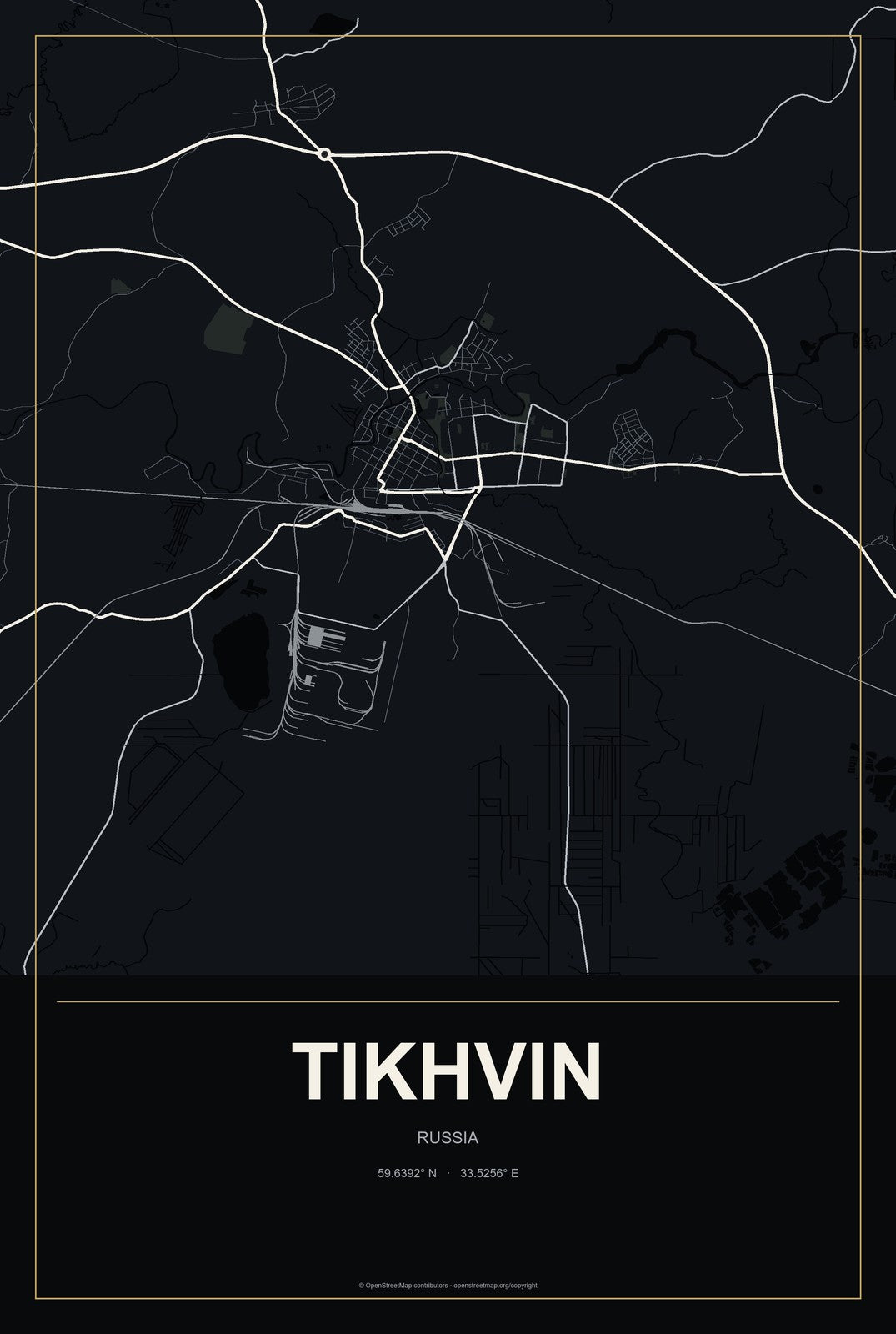 Tikhvin, Russia City Map Aluminum Sign in Metropolitan Noir style