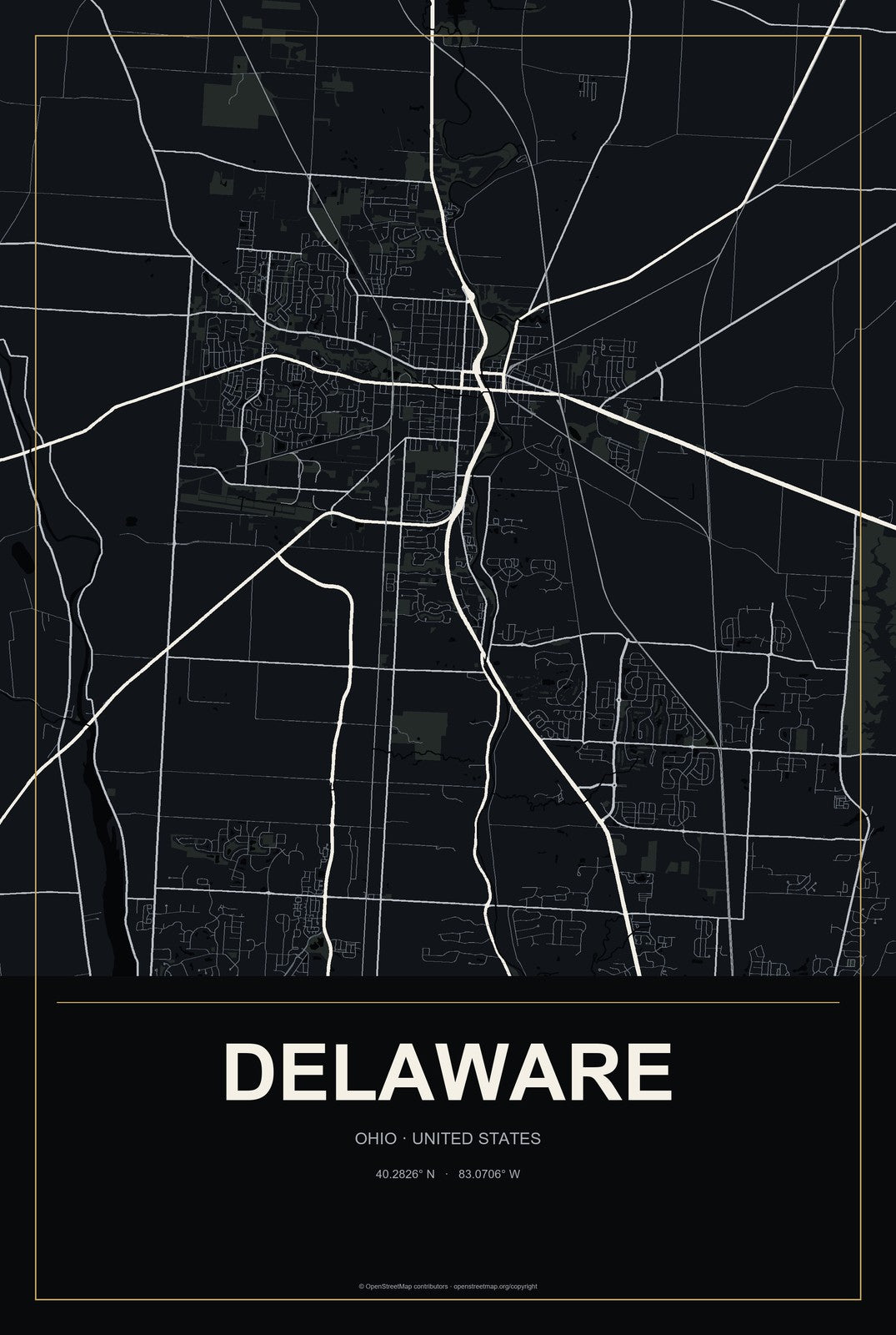 Delaware, Ohio City Map Aluminum Sign in Metropolitan Noir style