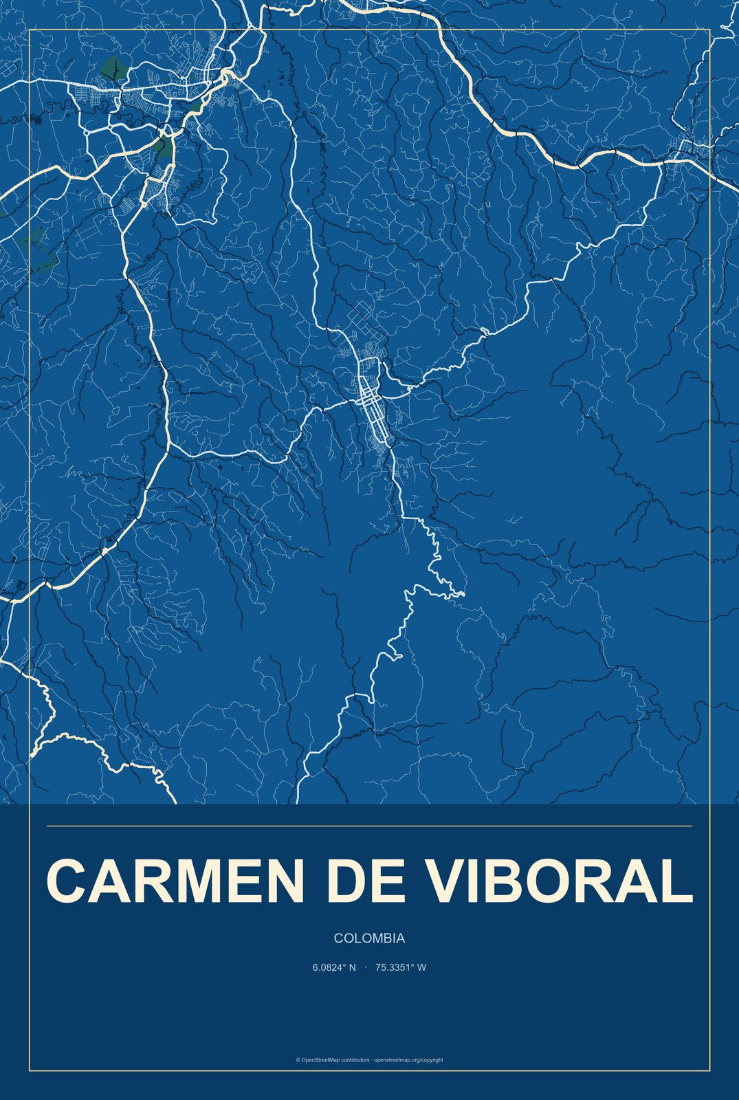 Carmen de Viboral, Colombia City Map Aluminum Sign in Harbor Cobalt style