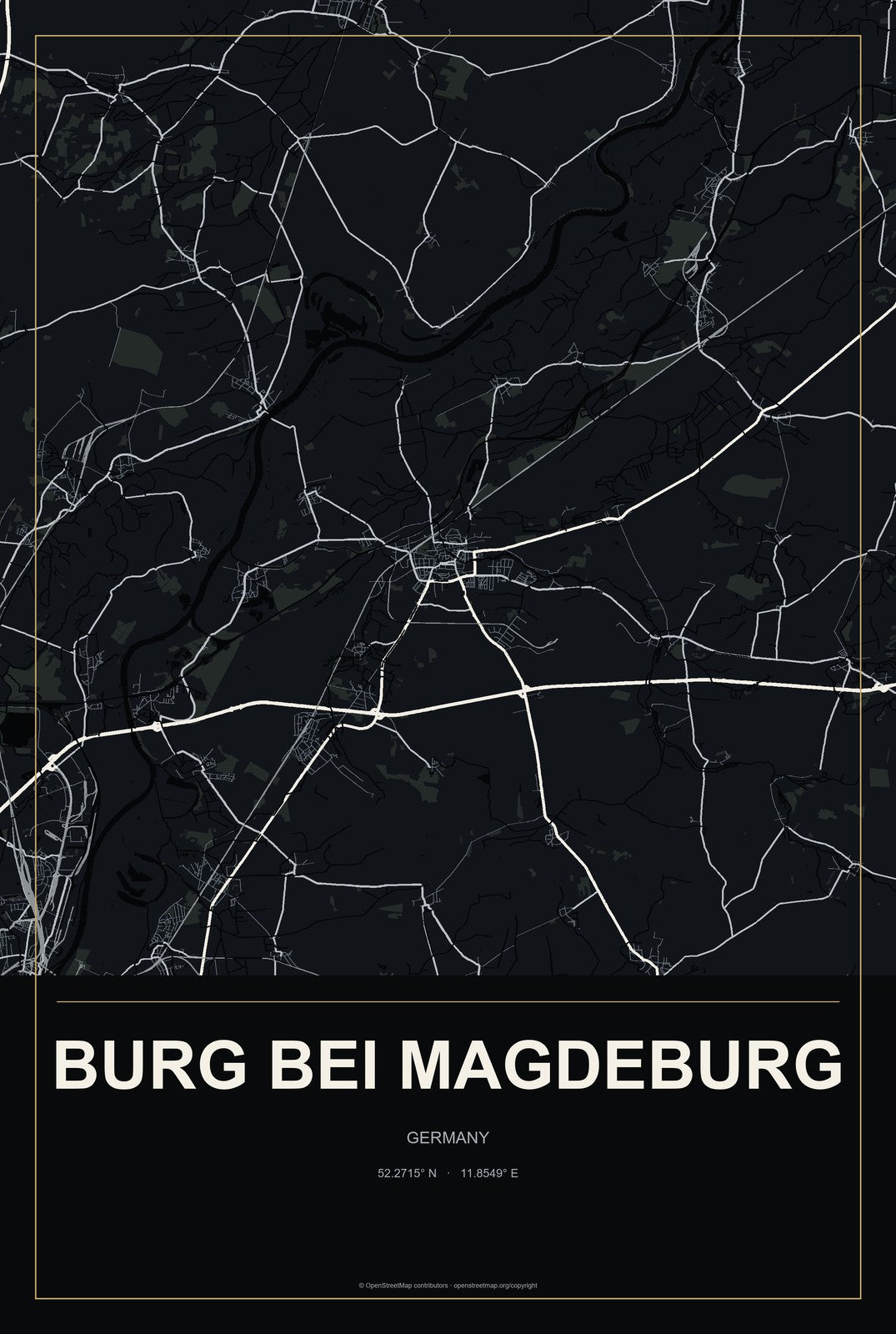 Burg bei Magdeburg, Germany City Map Aluminum Sign in Metropolitan Noir style