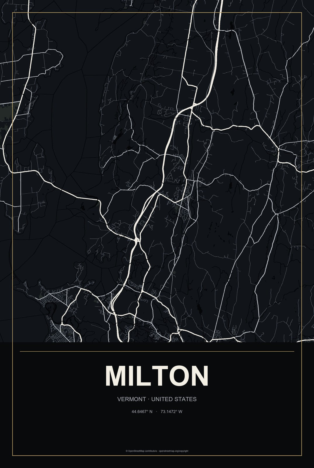 Milton, Vermont City Map Aluminum Sign in Metropolitan Noir style