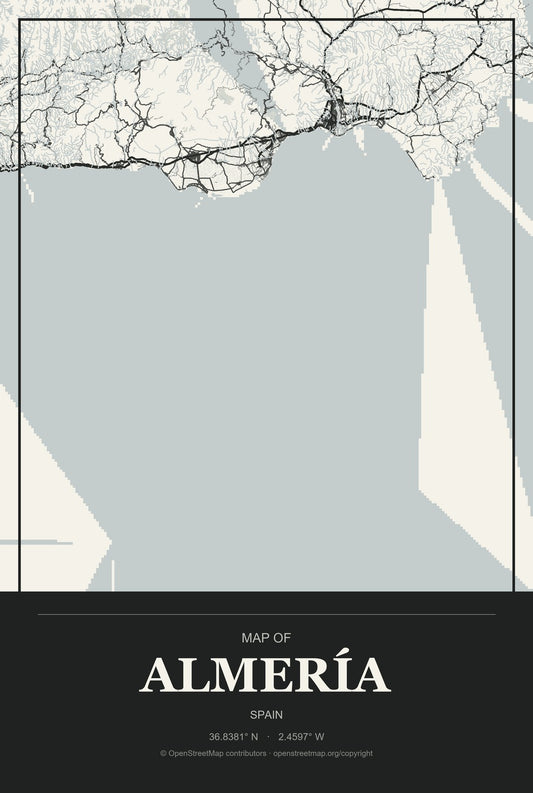 Almería, Spain City Map Aluminum Sign in Museum Plaque style