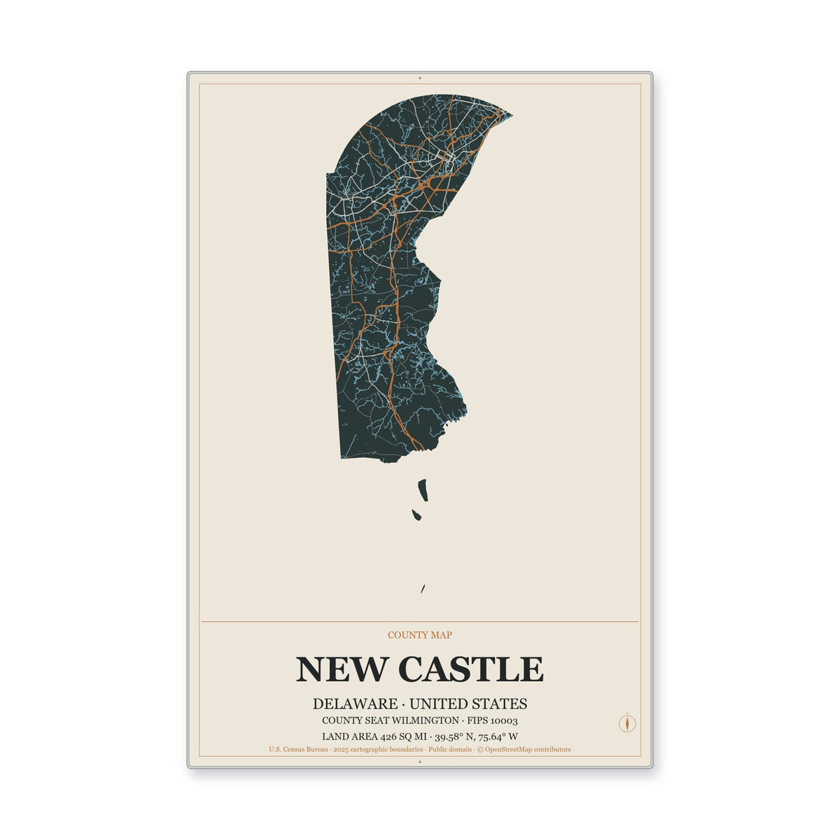 New Castle County, Delaware Map Aluminum Sign in Headline Atlas style