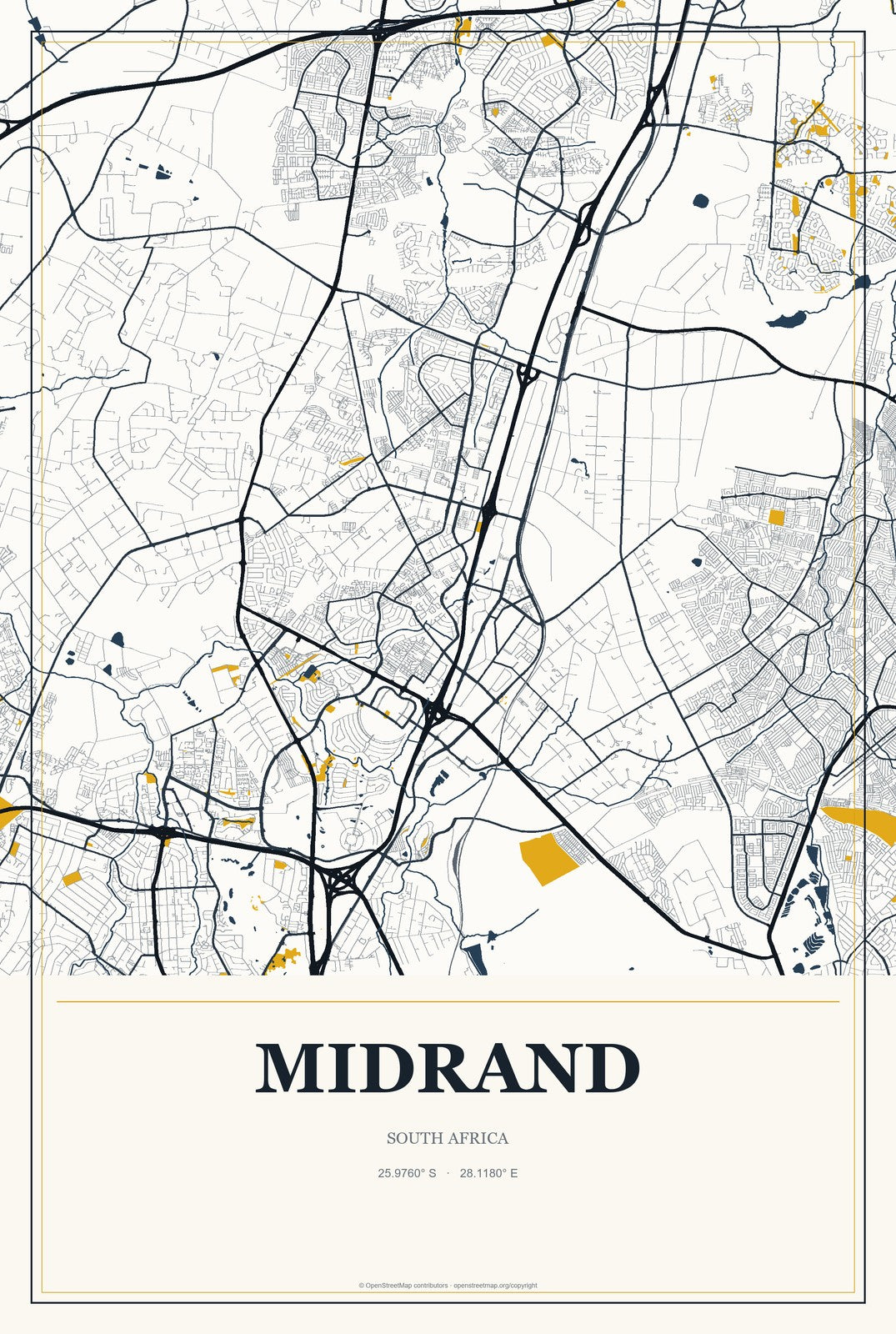Midrand, South Africa City Map Aluminum Sign in Citrine Modern style