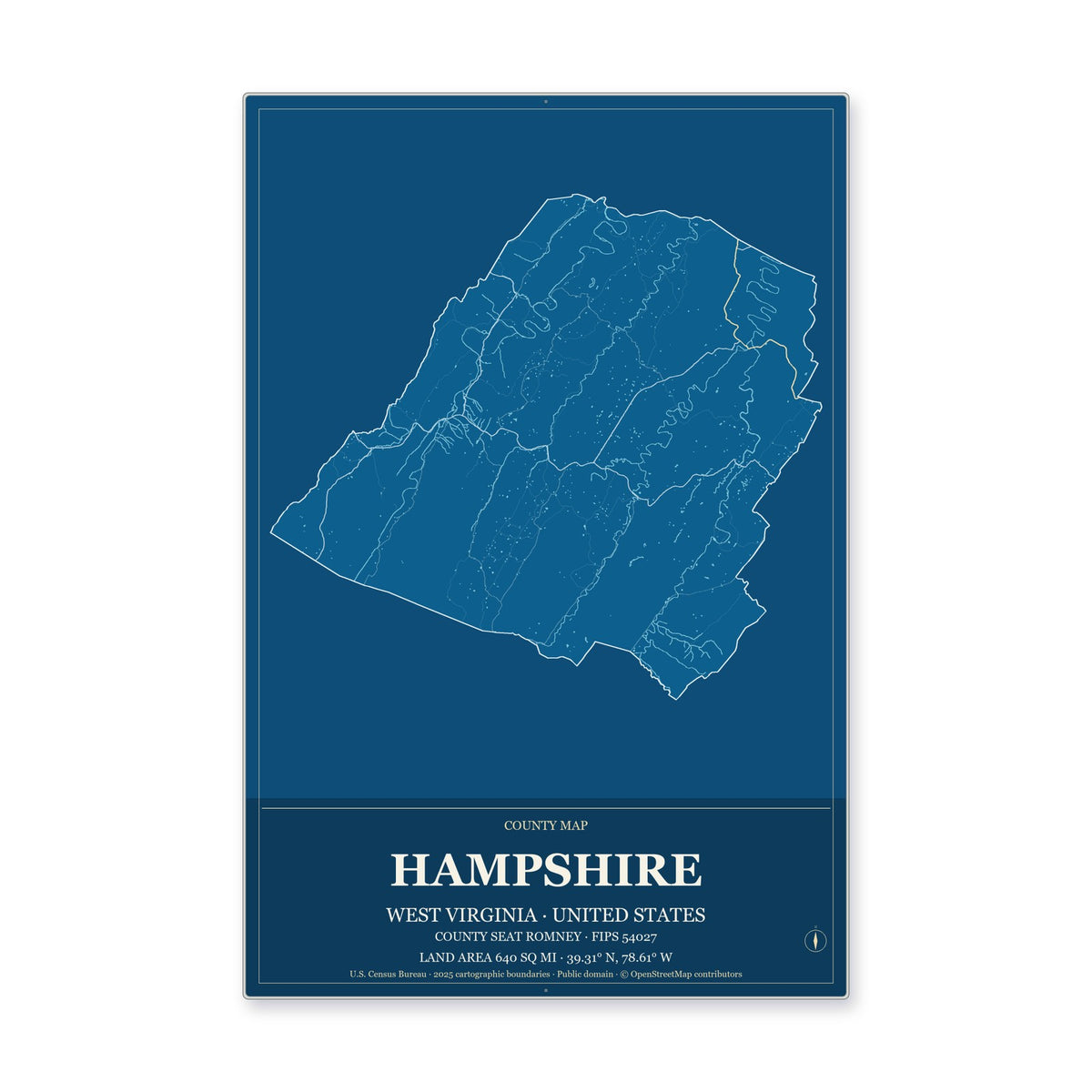 Hampshire County, West Virginia Map Aluminum Sign in Harbor Cobalt style