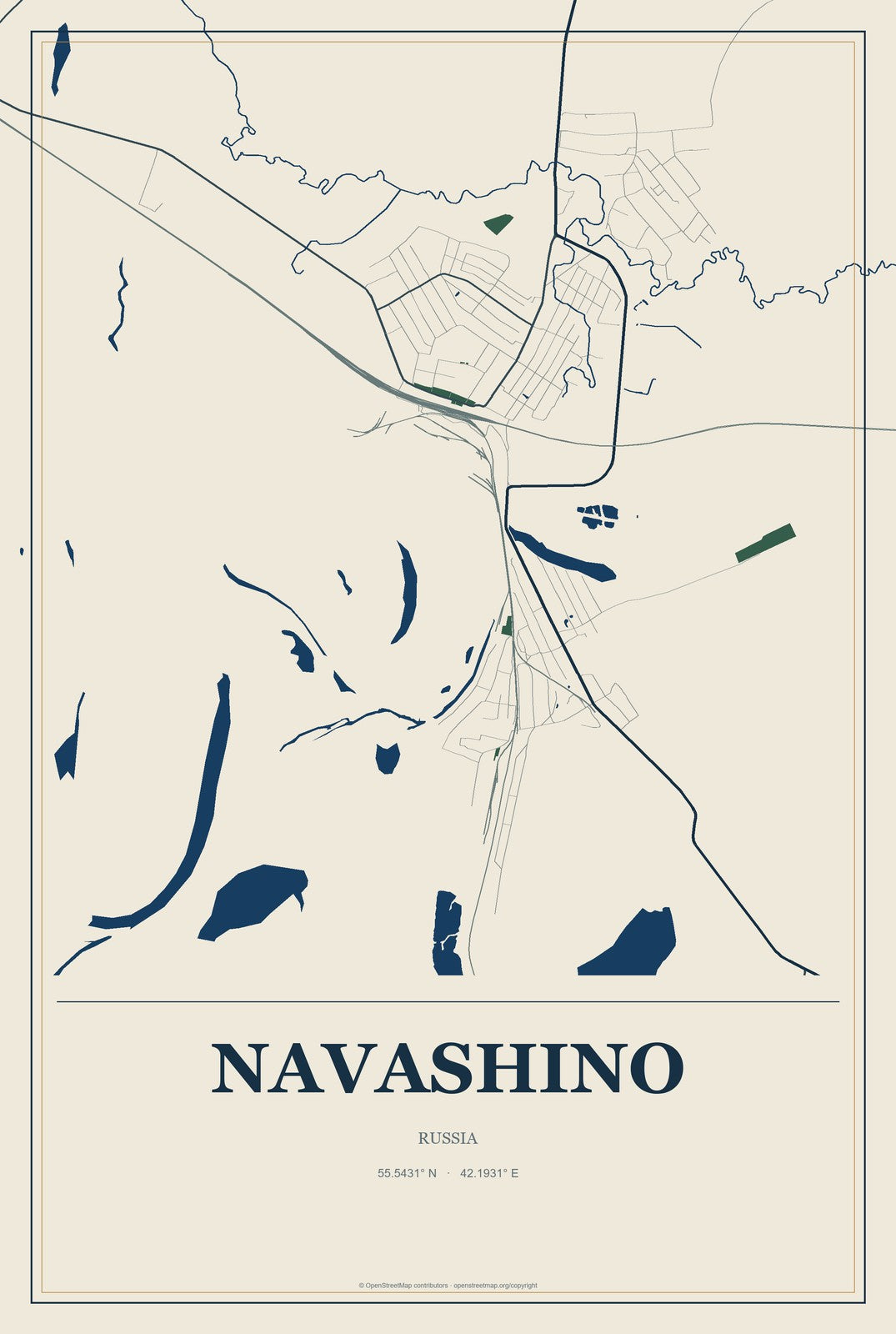 Navashino, Russia City Map Aluminum Sign in Coastal Cutout style
