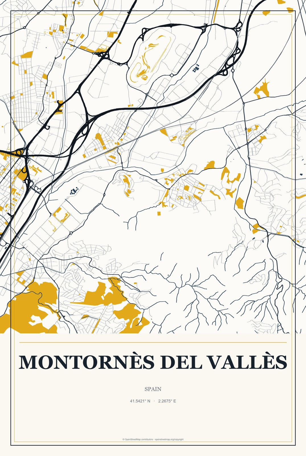 Montornès del Vallès, Spain City Map Aluminum Sign in Citrine Modern style