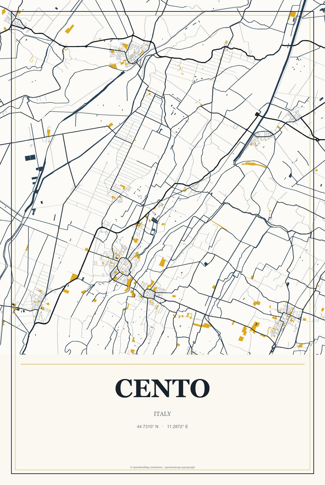 Cento, Italy City Map Aluminum Sign in Citrine Modern style