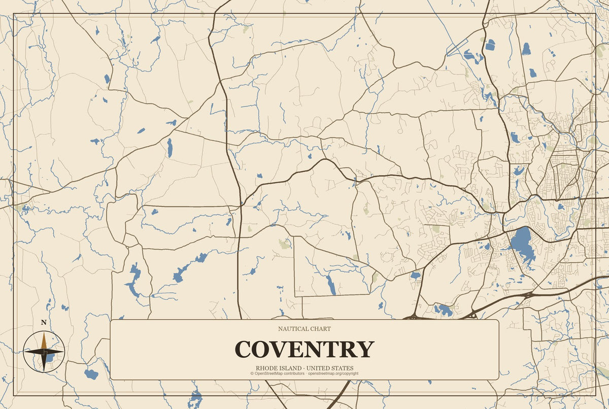 Coventry, Rhode Island City Map Aluminum Sign in Heritage Nautical style