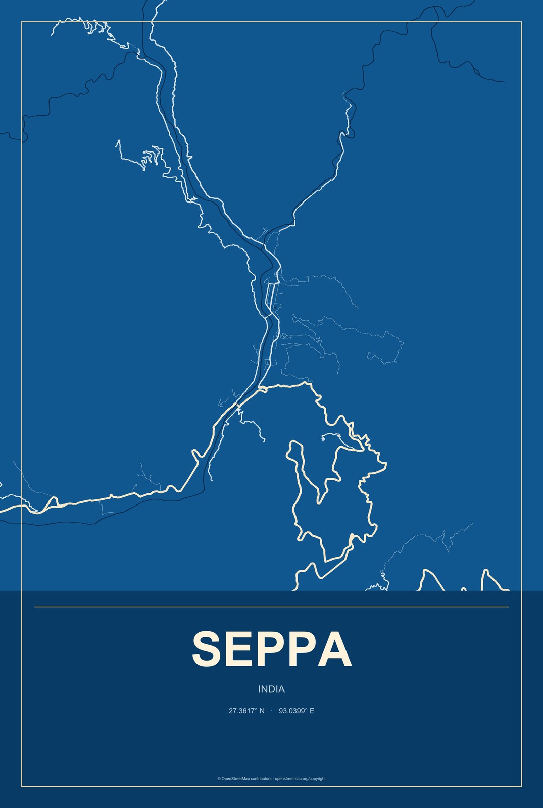 Seppa, India City Map Aluminum Sign in Harbor Cobalt style