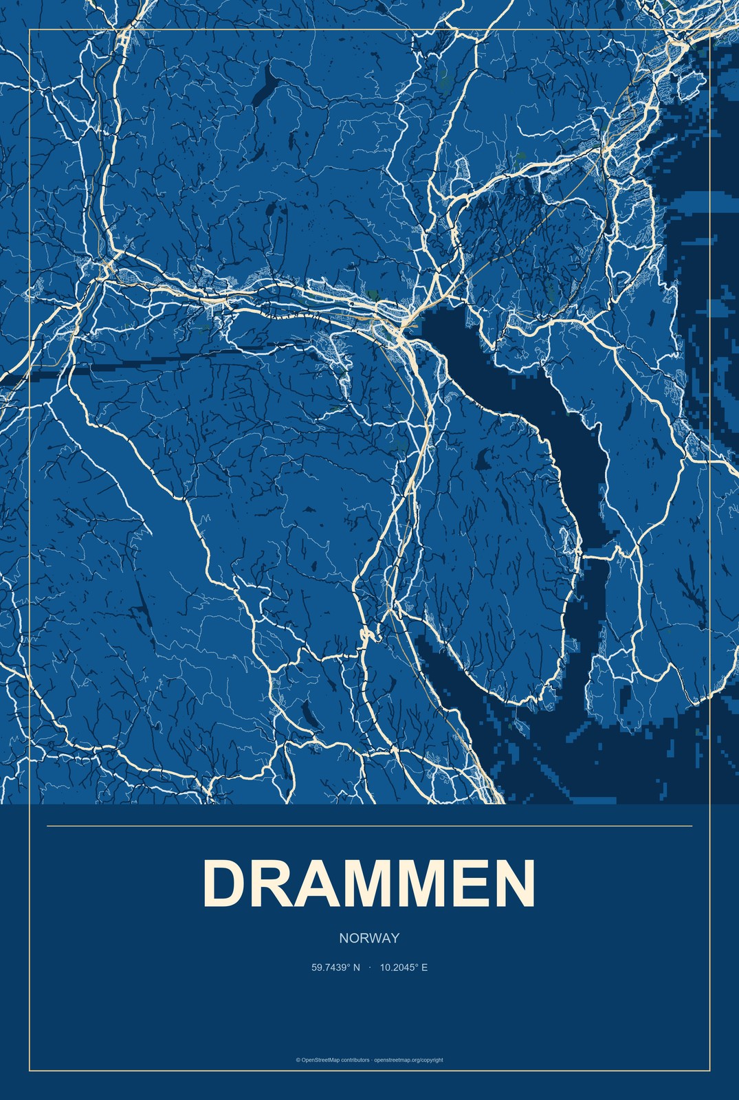Drammen, Norway City Map Aluminum Sign in Harbor Cobalt style