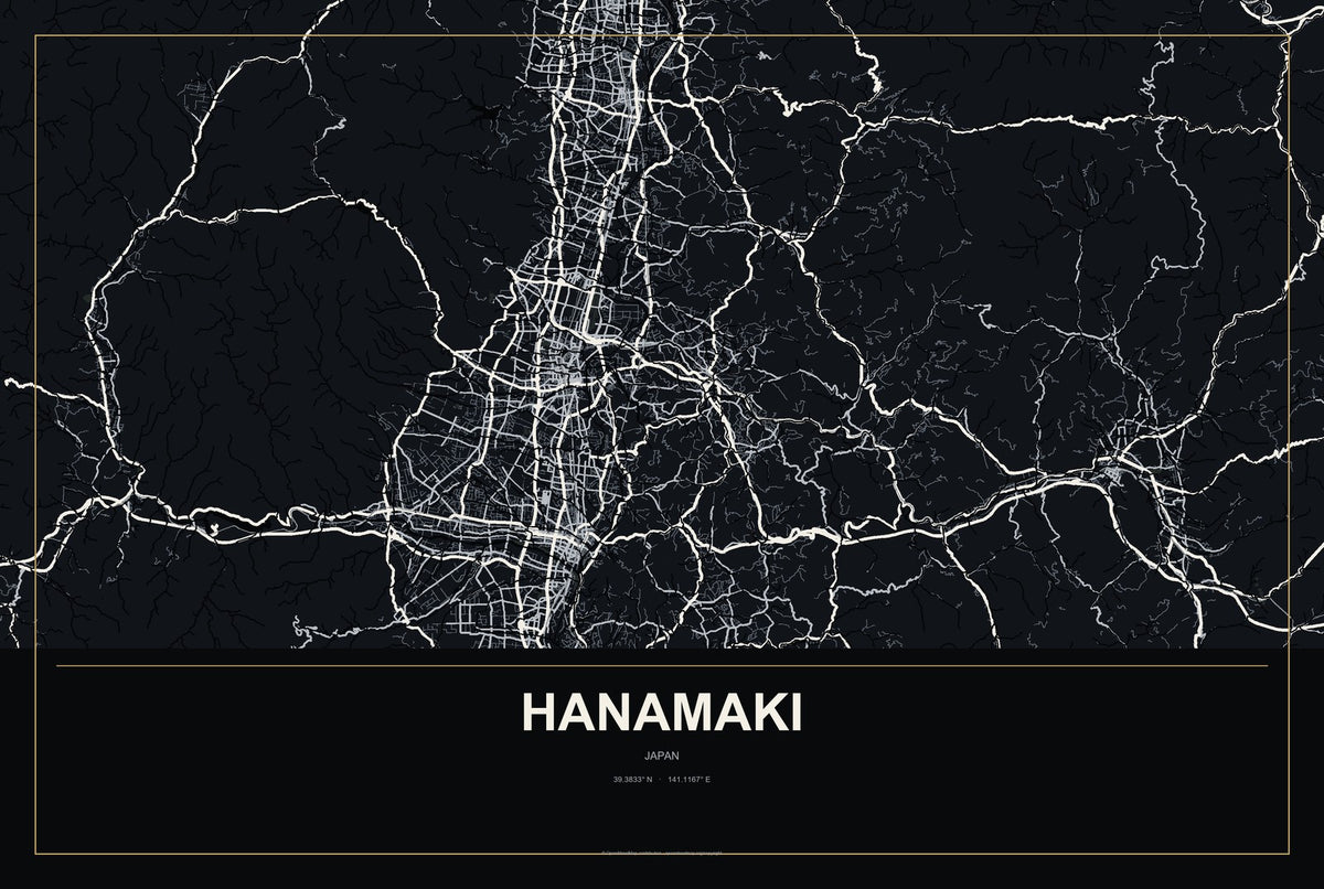 Hanamaki, Japan City Map Aluminum Sign in Metropolitan Noir style