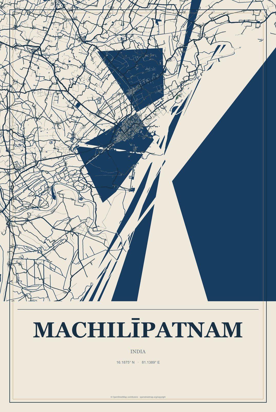 Machilīpatnam, India City Map Aluminum Sign in Coastal Cutout style