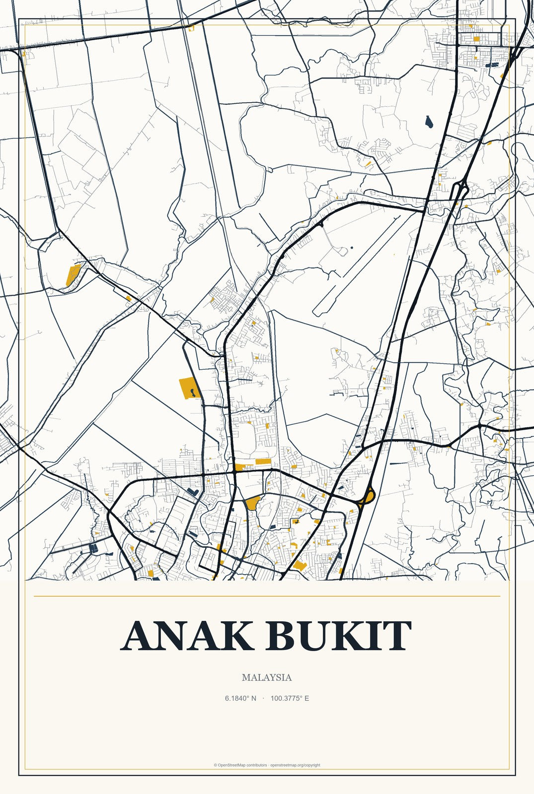 Anak Bukit, Malaysia City Map Aluminum Sign in Citrine Modern style