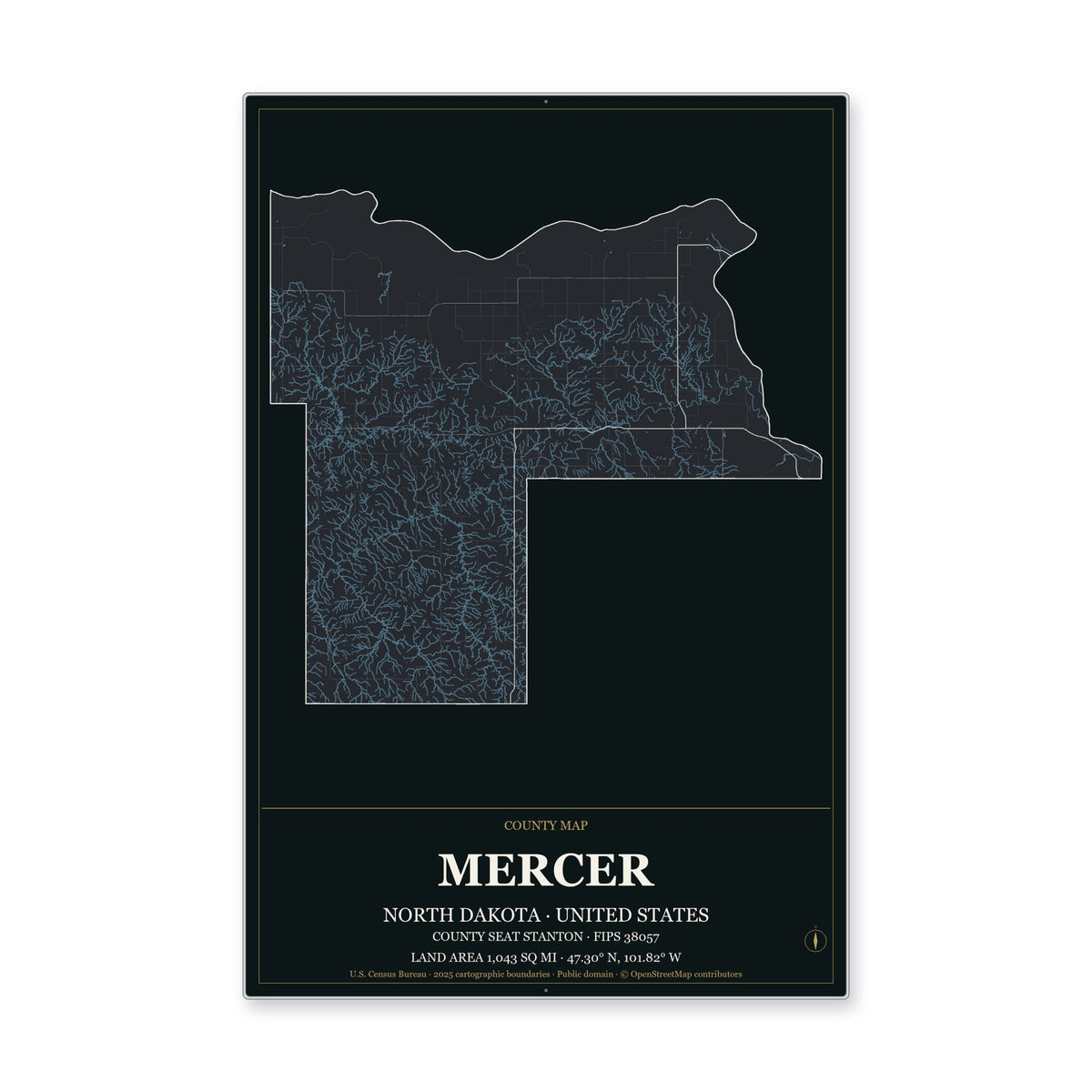 Mercer County, North Dakota Map Aluminum Sign in Metropolitan Noir style