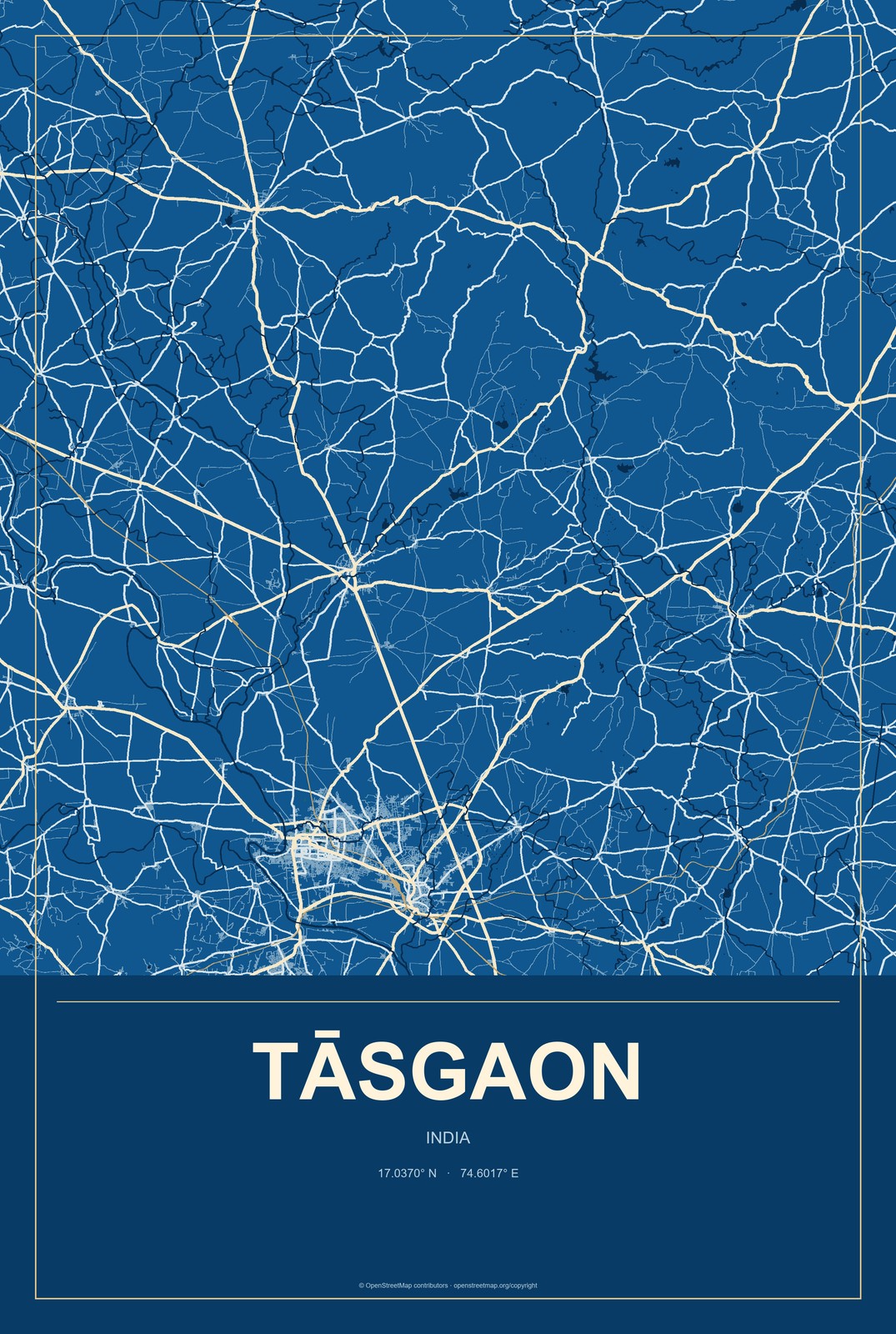 Tāsgaon, India City Map Aluminum Sign in Harbor Cobalt style